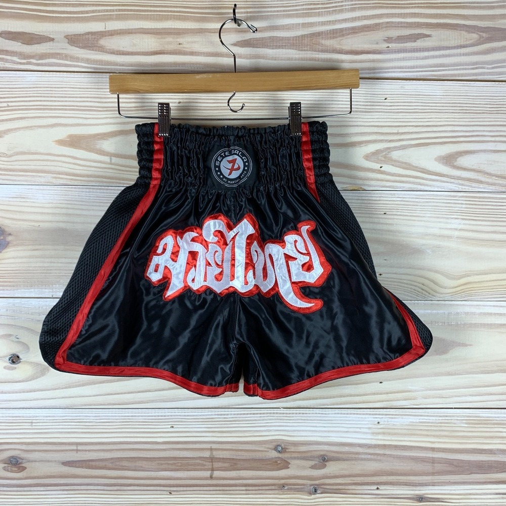 Sete Bala Martial Arts Boxing Shorts Youth Medium‎ Muay Thai MMA Satin Black Red